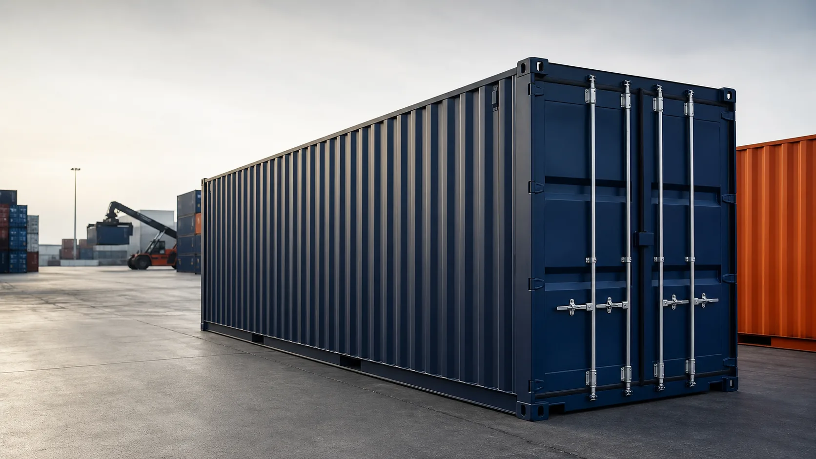 Dunkelblauer Seefrachtcontainer in einem Containerdepot